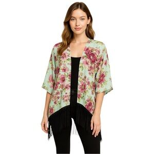 Piacé Multicolor Coquette Sheer Fringe Trim Floral Cottagecore Kimono One Size